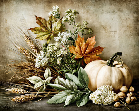 Vintage Autumn Harvest Still Life with Pumpkin &ndash; AI Generative