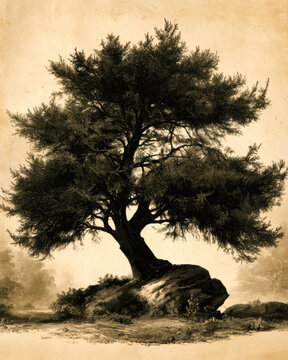 Vintage Botanical Engraving of a Solitary Scots Pine &ndash; AI Generative