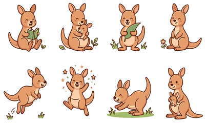 Fototapeta premium Cute Cartoon Kangaroo and Joey Vector Character Icon Set for Kids Storybooks Nursery Wall Art Baby Shower Invitations and Educational Sticker Graphic Designs