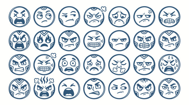 Set of various angry and frustrated cartoon emoticon faces in blue outline style.