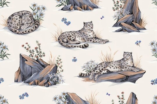 Seamless pattern with snow leopards resting on rocky mountain terrain surrounded by alpine flowers and dry grass in a winter landscape