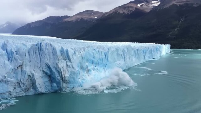 Panoramic view of a glacier melting and collapsing, a consequence of climate change.