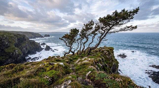 Windy pine trees on a green cliff overlooking a beautiful blue ocean beach in summer