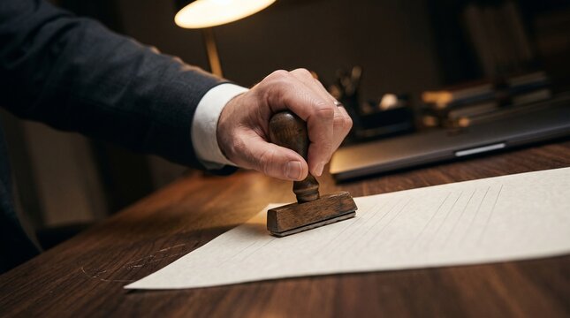 Close up of male hand using antique wooden rubber stamp on document paper to authorize legal contract or official paperwork inside dark professional office environment at desk.