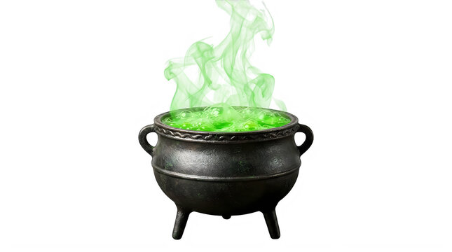Black iron witch cauldron with boiling green magic potion isolated on transparent background