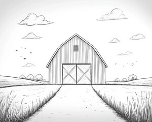 Obraz premium Cute Rural Farm Barn Graphic Black And White Vector Line Art Sketch Isolated Illustration Content