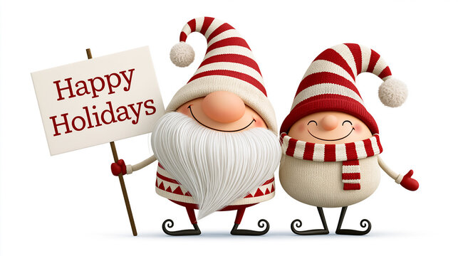 Cute cartoon gnomes with a sign, happy holidays Christmas isolated on white background,