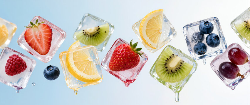 Colorful fruit frozen in clear ice cubes floats on a pale blue background, creating a fresh summer food concept of cooling and refreshment.