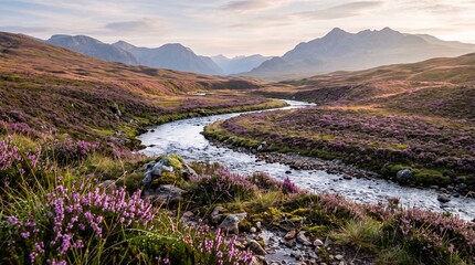 Naklejka premium A winding river flowing through a colorful valley with wildflowers and mountains in the distance