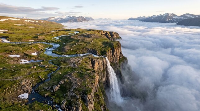 Beautiful waterfall falling from a high green cliff into the cold sea in iceland landscape
