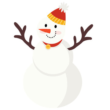 Cute winter snowman with red knit beanie hat and stick branch arms vector illustration