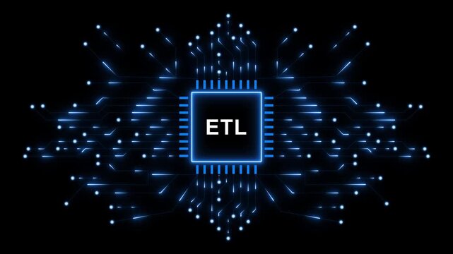 ETL Extract Transform Load Data Integration Concept with Futuristic Microchip, Glowing Digital Circuit Network and Technology Animation