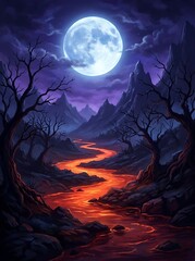 Fototapeta premium A glowing river of molten lava flows through a dark mysterious forest landscape under a bright full moon in the night