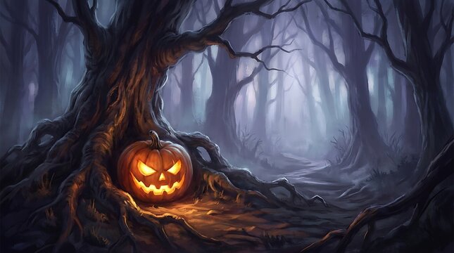 A glowing jack o lantern sits beneath a large twisted tree in a dark foggy forest during a spooky halloween night
