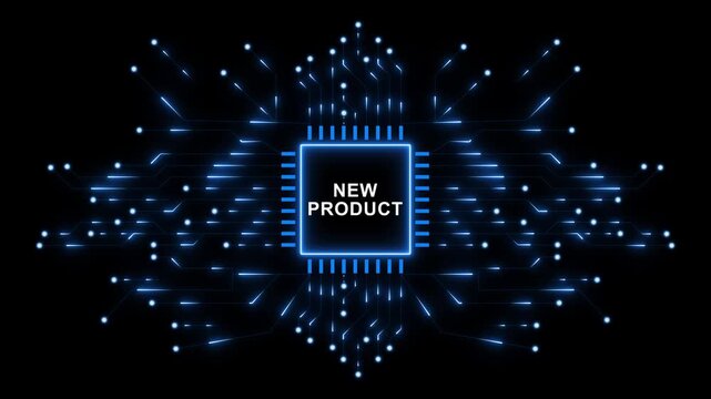 New Product Development Concept with Futuristic Microchip, Glowing Digital Circuit Network and Advanced Technology Animation
