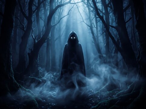 A mysterious dark hooded figure with glowing eyes standing in a foggy forest at night creating a scary and spooky atmosphere