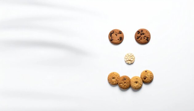 Chocolate chip cookies arranged in smiley face pattern.