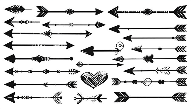 Black and white collection of various stylized arrows, some with decorative elements and one heart shape, arranged on a white background