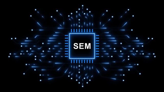SEM Digital Marketing and Search Engine Marketing Concept with Futuristic Technology, Glowing Data Network and AI Animation