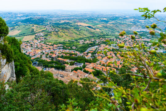 Republic of San Marino top view on the tiled roofs of the old town. Architecture nature.