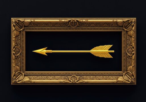 A luxurious golden arrow sits within an ornate vintage frame featuring intricate patterns, presented against a deep black backdrop design, filigree, wealth, brightness