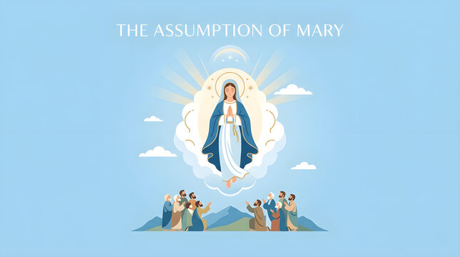 The Assumption of Mary August 15 Vector Illustration with Blessed Virgin Mary Ascending to Heaven Gates, Cherubims playing Harps, Golden Cross, Doves, and Praying Apostles