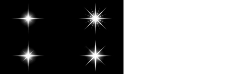 Set of four glowing star light bursts on black and white background © MdKhokon