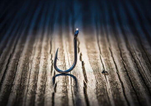 A sharp metallic fishing hook sits on a weathered wooden surface, showcasing its curved barb and steel finish for outdoor angling sports, metal, gear, saltwater