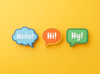 Three colorful speech bubbles with Hello, Hi, and Hey text on bright yellow background for greeting designs © mahboob