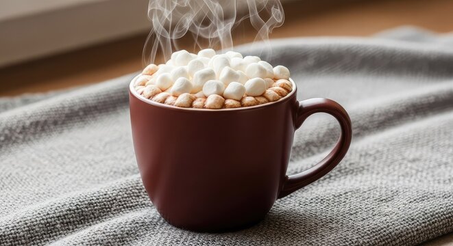 A steaming ceramic mug of hot chocolate topped with mini marshmallows sits on a textured soft gray blanket in a warm, cozy indoor setting, drinkable, morning, dark