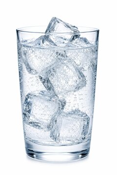 Glass of sparkling mineral water with ice cubes isolated on white background for refreshing beverage menu.