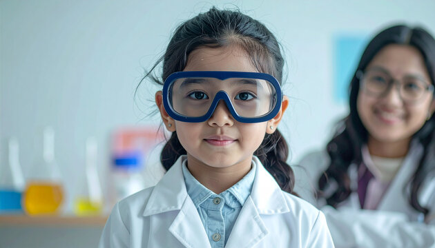 Playful child safety goggles science lab white coat smiling experiment Asian girl education chemistry teacher in background joyful learning classroom setting