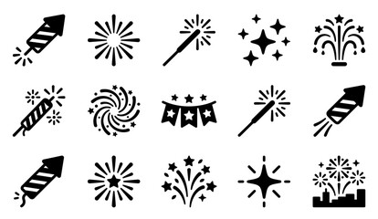 Fototapeta premium Set of black and white fireworks and celebration icons for holiday events and festive party design elements