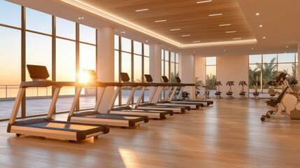 Fototapeta premium Modern fitness studio interior with rows of treadmills during golden hour