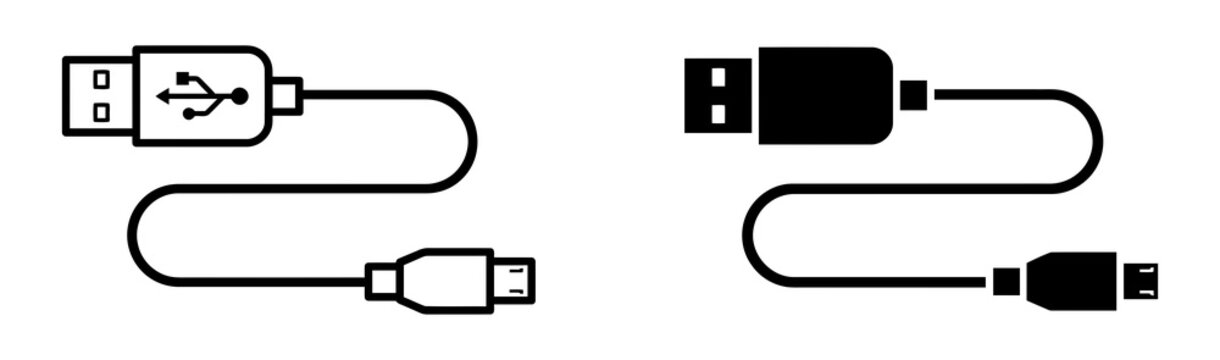 Set of black and white usb cable icons isolated on a white background for digital technology design