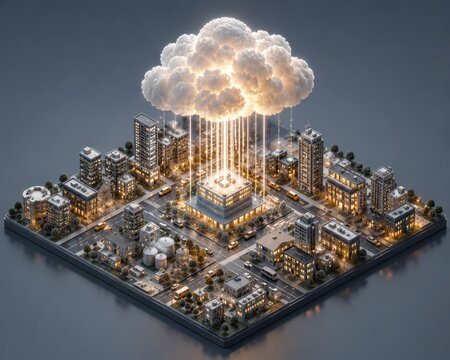 Smart City Data Cloud: A futuristic isometric view of a bustling smart city, with buildings interconnected by beams of light emanating from a glowing cloud, symbolizing data flow and connectivity.