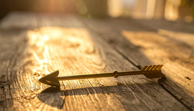 Golden cupid arrow sunlight rustic wooden table romantic love vintage closeup warm textured dreamy atmosphere symbolic of affection and desire