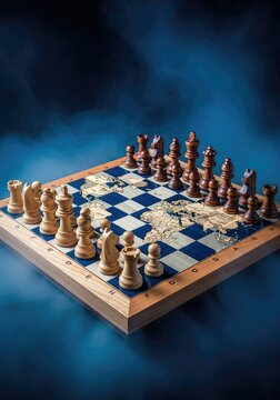 A wooden chessboard sits in a dark blue atmosphere with traditional pieces set against a global map backdrop, symbolizing geopolitical tension, offense, defense, pieces