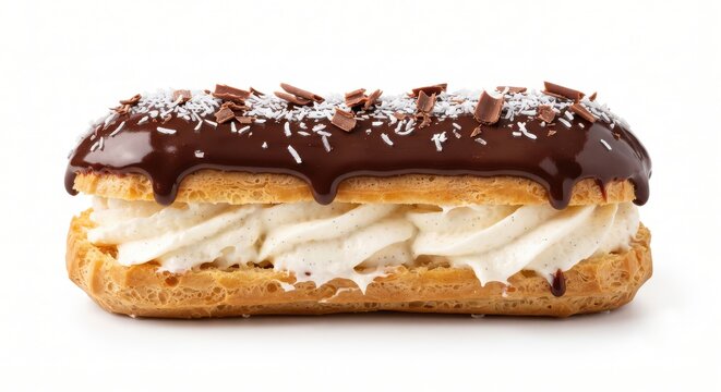 French chocolate eclair with vanilla cream filling and coconut flakes topping on white background.