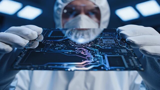 Technician in sterile laboratory environment examines a complex electronic circuit board with intricate details and glowing pathways, showcasing advanced technology and innovation