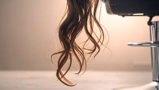 Hanging lock of brown wavy hair falling from salon chair edge, illuminated by soft warm light, creating calm and elegant atmosphere in modern hair salon interior
