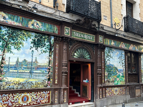 View of the historic building Villa Rosa. Close-up. Madrid. Spain.