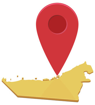 3D isometric map of United Arab Emirates with a large red pin pointer representing geographical location, travel destination, navigation, and local business tracking (cut out)