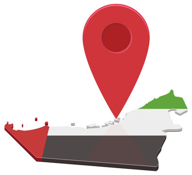 3D isometric map of United Arab Emirates with the national flag texture and a large red pin pointer representing location, travel destination, navigation, and logistics (cut out)