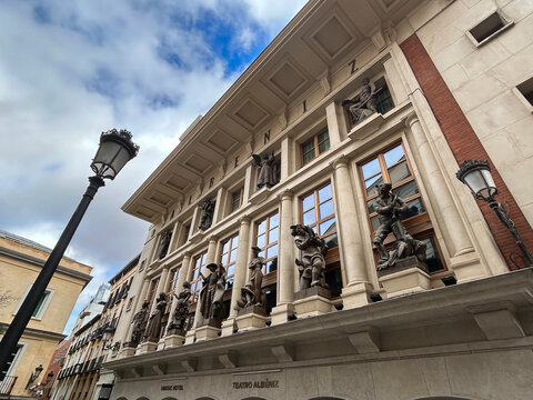 View of the historic Teatro Alb&eacute;niz building. Close-up. Madrid. Spain.