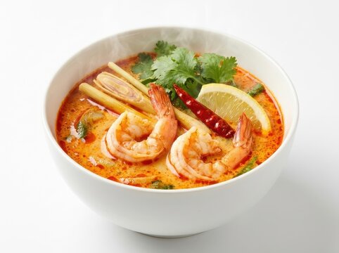 Authentic thai tom yum soup with succulent shrimp and lemongrass in elegant ceramic bowl.