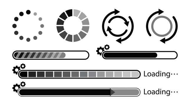 Abstract loading concept with circular progress indicators, gear icons, and animated progress bars for data loading