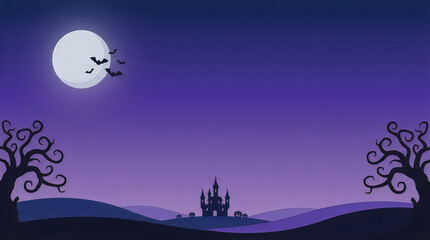 Fototapeta premium Enchanting Halloween scene with spooky trees haunted castle pumpkins and bats under a purple gradient moonlit sky