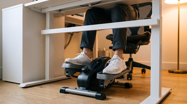 Person using under desk elliptical trainer while working at home office desk.