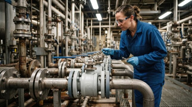 Technician inspects PTFE lined ball valves, stainless pipe spools, and flanged fittings in a chemical processing plant